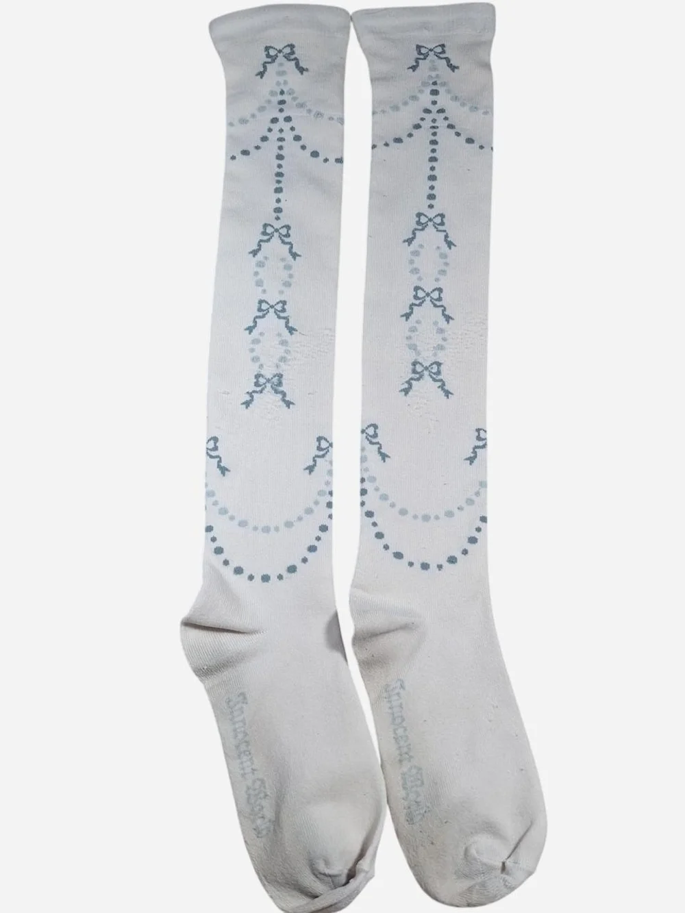 Innocent World Ivory Blue Bow & Dot Garland OTK Socks | Classic Lolita